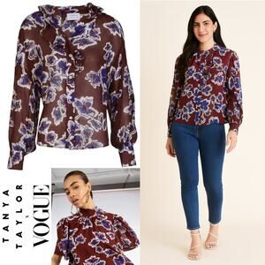 TANYA TAYLOR Dark Purple Burgundy & Blue Purple Floral Silk Blouse Top 6 Medium